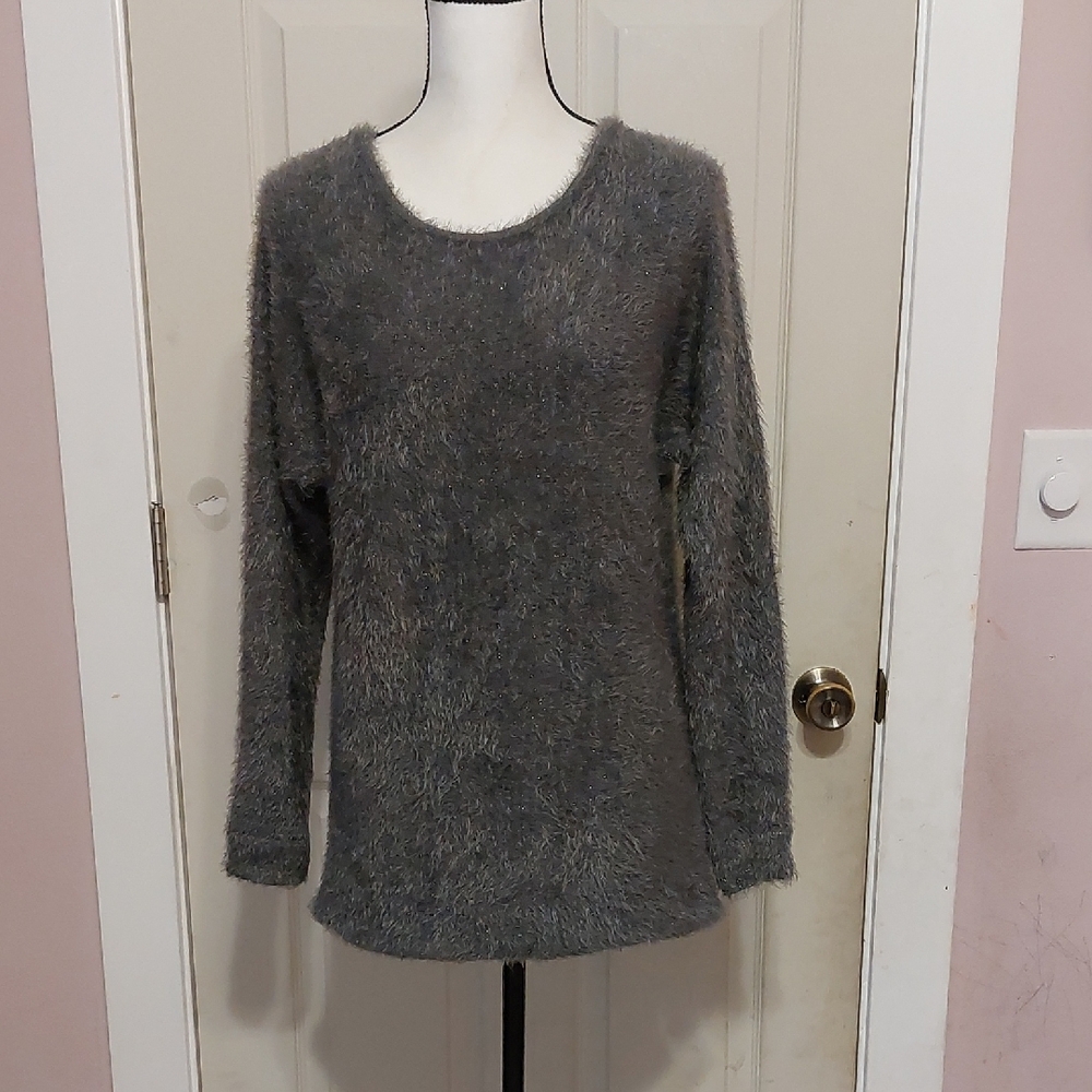 Nine West Metallic Ash Gray Slinky Knit Dolman Pullover Sweater Size S